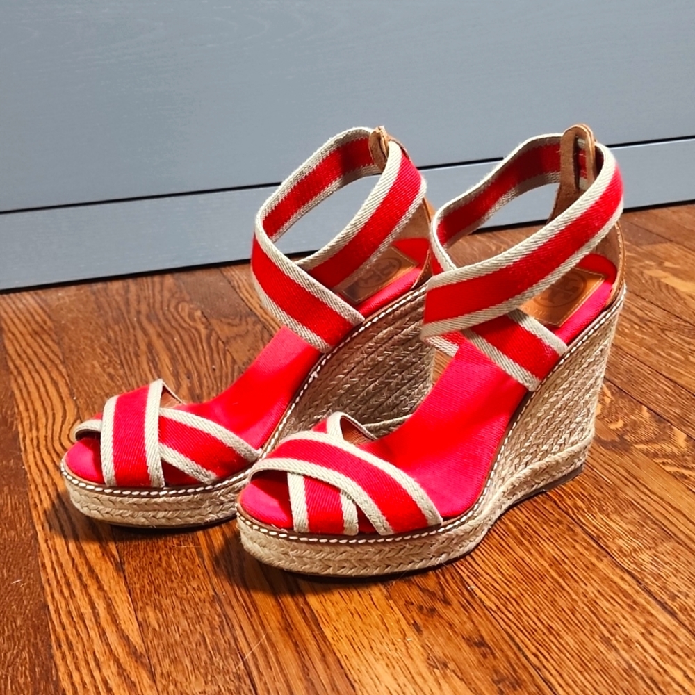 TORY BURCH Adonis Espadrilles Wedge Red Khaki  sz 8